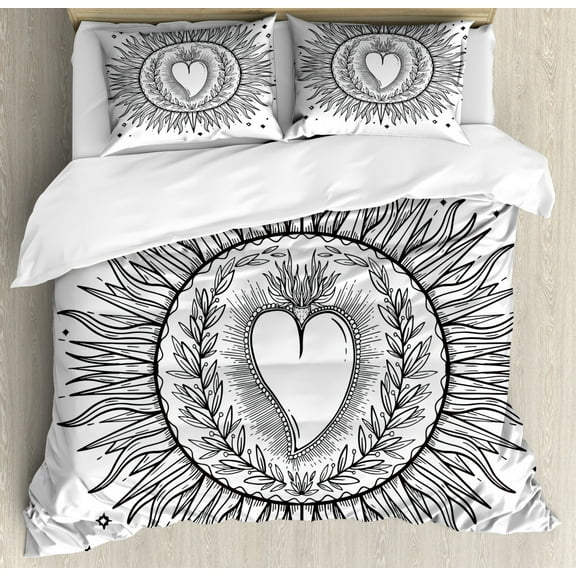 Alchemy Duvet Cover Set Queen Size, Sketch Graphic of Flourish Heart Centered Sun Abstract Art, Decorative 3 Piece Bedding Set with 2 Pillow Shams, Charcoal Grey and White, by Ambesonne