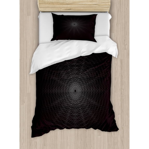 Alchemy Duvet Cover Set Twin Size, Geometry Concept Flower of Life Line Art Monochrome Complex, Decorative 2 Piece Bedding Set with 1 Pillow Sham, Charcoal Grey White, by Ambesonne