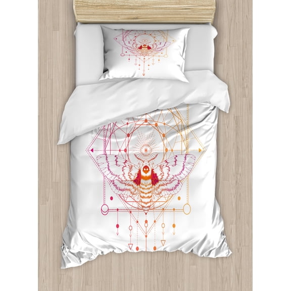 Alchemy Duvet Cover Set Twin Size, Vibrant Color Change Outline with Geometric Elements and Abstract Moth, Decorative 2 Piece Bedding Set with 1 Pillow Sham, Multicolor, by Ambesonne