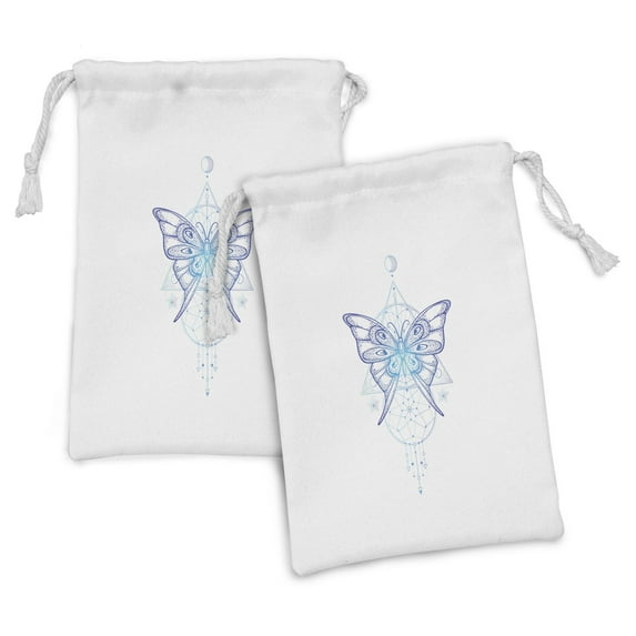 Alchemy Fabric Pouch Set of 2, Boho Art Vintage Engraved Butterfly Dreamcatcher, Small Drawstring Bag for Toiletries Masks and Favors, 9" x 6", Persian Blue and Aqua, by Ambesonne