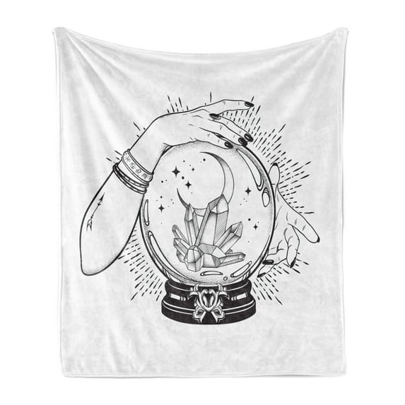 Alchemy Soft Flannel Fleece Throw Blanket, Fortune Teller with Hands Crystals and Crescent Moon Sketchy Design, Cozy Plush for Indoor and Outdoor Use, 60" x 80", Charcoal Grey White, by Ambesonne