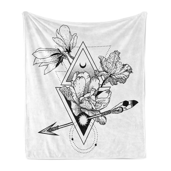 Alchemy Soft Flannel Fleece Throw Blanket, Mystic of Flowers Triangles and Boho Arrows with Modern Influences, Cozy Plush for Indoor and Outdoor Use, 50" x 60", Charcoal Grey White, by Ambesonne