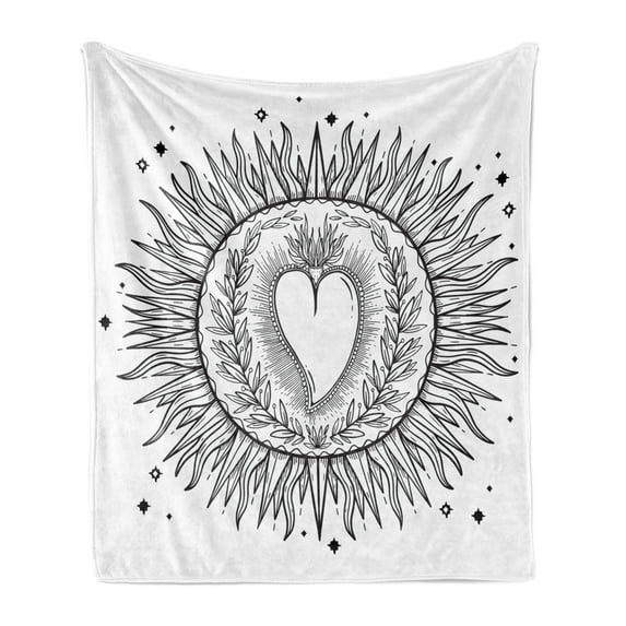 Alchemy Soft Flannel Fleece Throw Blanket, Sketch Graphic of Flourish Heart Centered Sun Abstract Art, Cozy Plush for Indoor and Outdoor Use, 60" x 80", Charcoal Grey and White, by Ambesonne