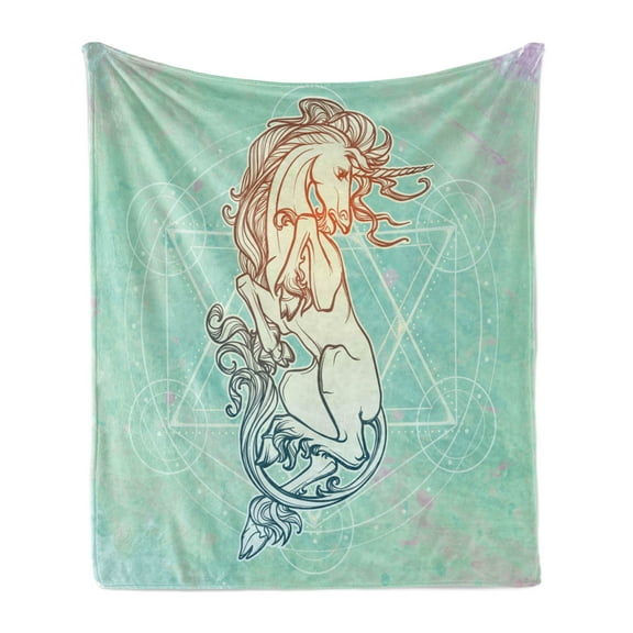 Alchemy Soft Flannel Fleece Throw Blanket, Unicorn on Geometry Grunge Pastel Backdrop, Cozy Plush for Indoor and Outdoor Use, 50" x 70", Seafoam Multicolor, by Ambesonne