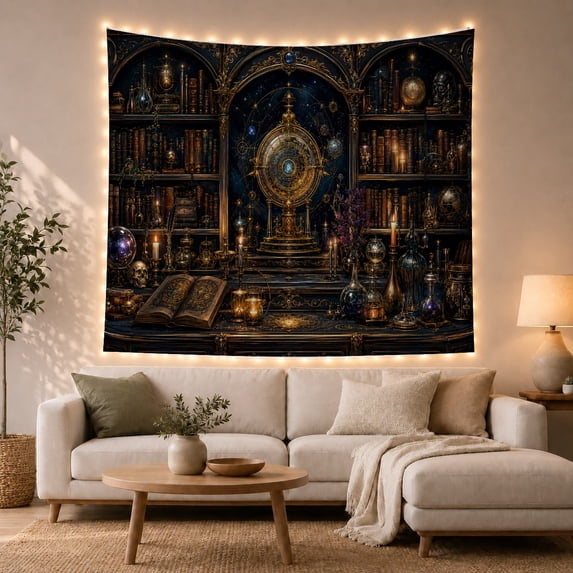 Alchemy Study With Astronomical Instrument, Moody Dark Academia Style for Book Lovers, Literary Wall Decor, Graduation Gift Tapestry Wall Hanging for Home Library and Study Room