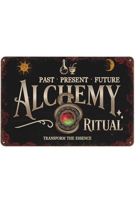 Alchemy Transform The Essence Metal Tin Sign, Ouroboros Sun And Moon Wall Decor, Vintage Mystical Plaque For Home Or Study, 8 x 12 Inch