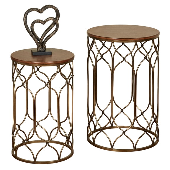 Alco Wooden & Metal Openwork Functional Nesting Tables Bronze Walnut Set of Two 24H & 28H Set of 2