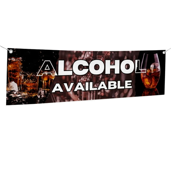 Alcohol Available Large Banners and Signs for Outdoor by DreamController-Polyester Banner with 4 Holes for Easy Hang Indoor & Outdoor| 4x1 Feet HD Banner to Promote Food & Beverages | Made in USA