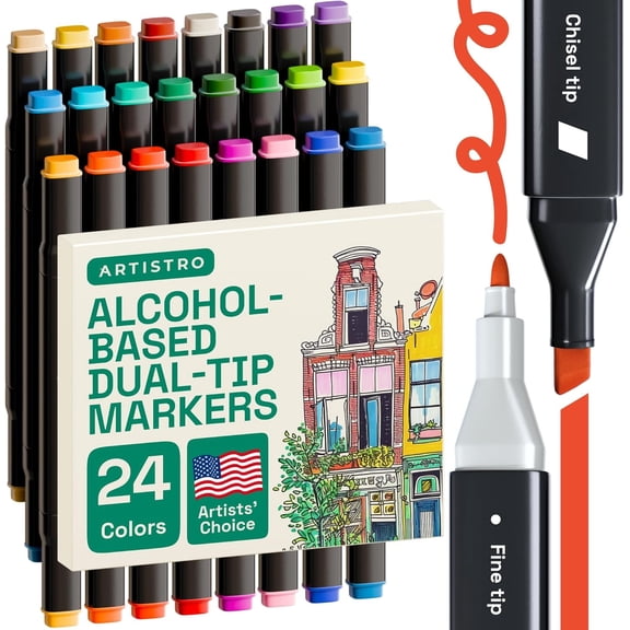 Alcohol Dual Tip Markers Set of 24 with No Bleed Ink, Bonus Case and Vibrant Fade-Resistant Colors, Art Supplies for Sketching, Manga, Drawing, Adult Coloring Books, Card Making (Fine & Chisel)