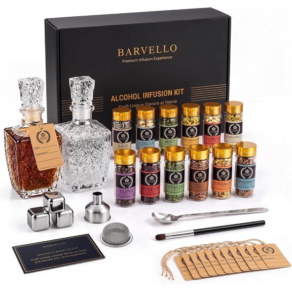 Alcohol Infusion Kit for Whiskey, Bourbon, Vodka, Gin, Rum & Tequila  DIY Spirit Infuser Gift Set with 12 Natural Botanicals, Glass Decanters & Stainless Steel Accessories
