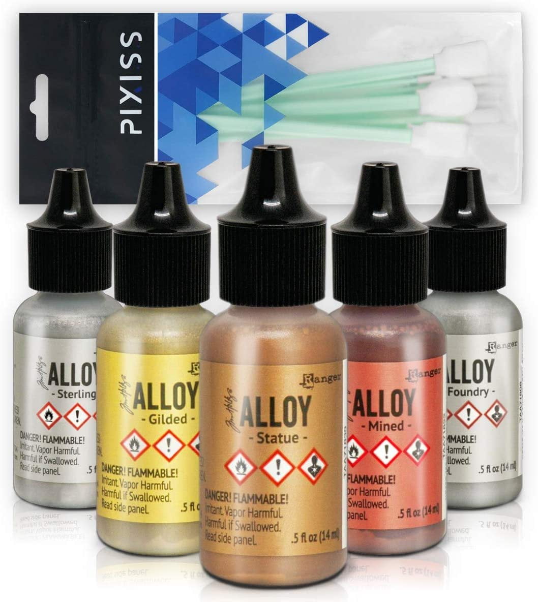 Alcohol Ink Alloys Complete Metallic Set | Ranger Tim Holtz Brand | Colors Include Gilded, Mined, Foundry, Statue, Sterling | 10 Pixiss Alcohol Ink