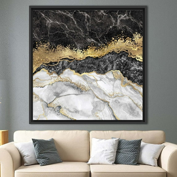 Alcohol Ink Art Canvas, Modenr Marble Canvas Art, Shimmery Canvas Art, Black And Gold Marble, Abstract Printed, Luxury Marble Art, Canvas Wall Decor - White Framed