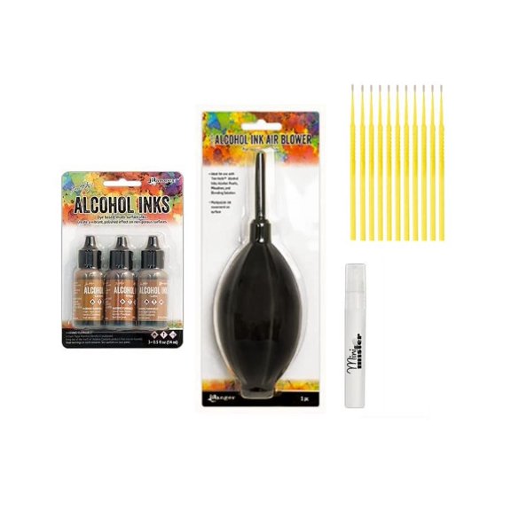 Alcohol Ink Bundle - 3pk Alcohol Ink with Air Blower, Mini Mister, and Trebbies Detail Sticks (Cabin Cupboard Collection)