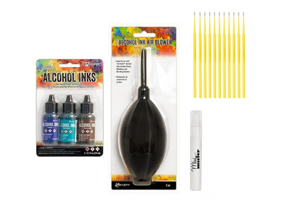 Alcohol Ink Bundle - 3pk Alcohol Ink with Air Blower, Mini Mister, and Trebbies Detail Sticks (Mariner Collection)