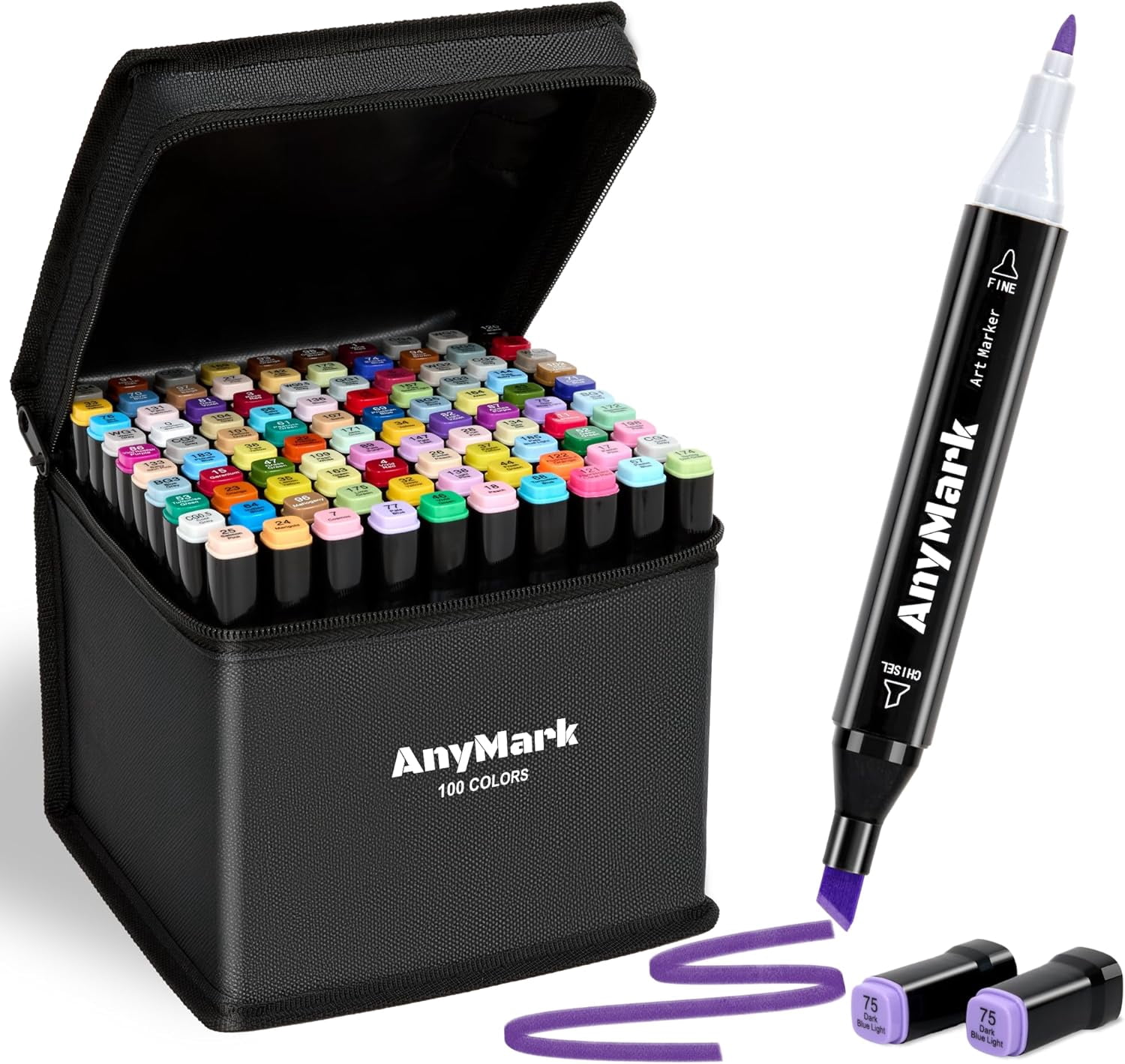 Alcohol Markers, 100 Colors Dual Tip Art Coloring Markers Set for Adult Book Drawing Sketching Painting, Chisel & Fine, Black Penholder