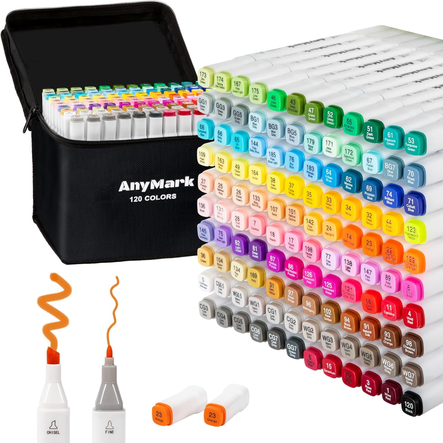 Alcohol Markers, 120 Colors Dual Tip Art Coloring Markers Set for Adult Book Drawing Sketching Painting, Chisel & Fine, White Penholder