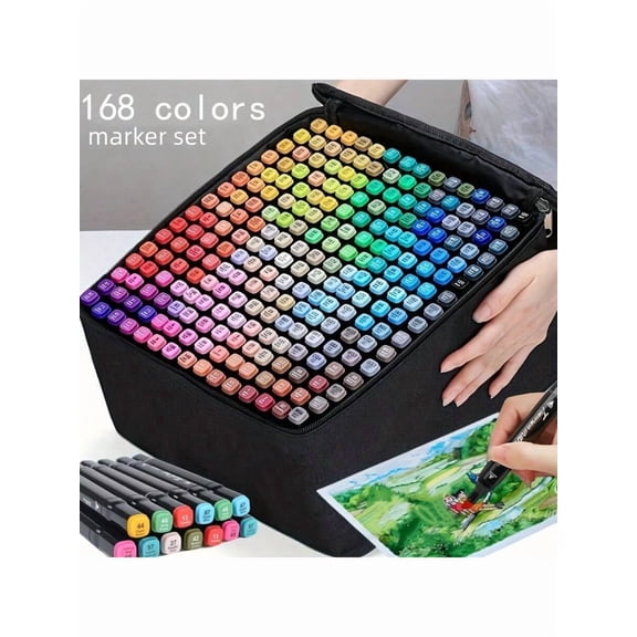 Alcohol Markers 168 Colors Dual Tip Brush & Fine Permanent Art Marker Set, Big Marker Set with Organizing Case for Drawing, Sketching, Anime, Coloring