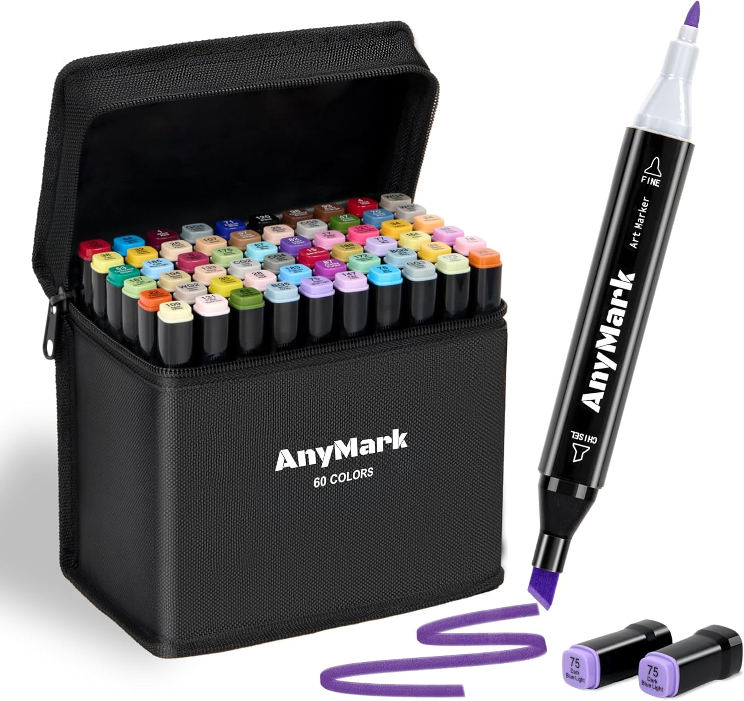 Alcohol Markers, 60 Colors Dual Tip Art Coloring Markers Set for Adult Book Drawing Sketching Painting, Chisel & Fine, Black Penholder