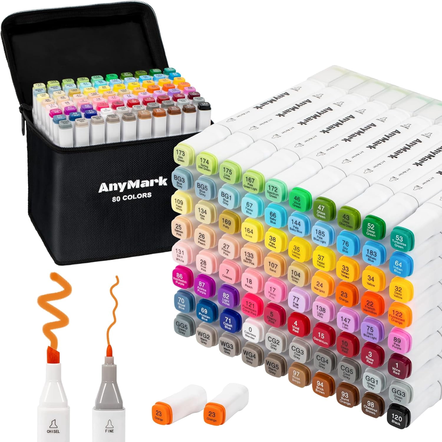 Alcohol Markers, 80 Colors Dual Tip Art Coloring Markers Set for Adult Book Drawing Sketching Painting, Chisel & Fine, White Penholder