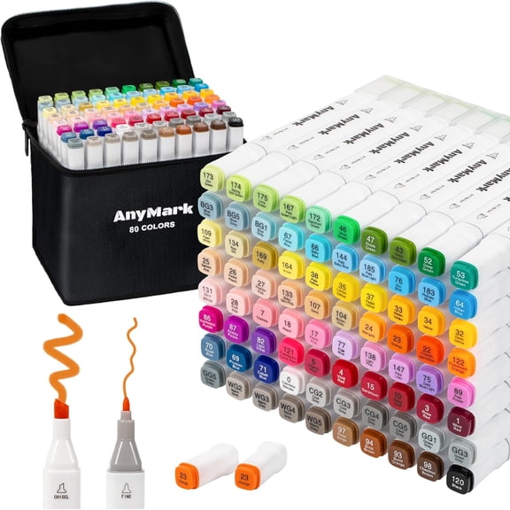 Alcohol Markers, 80 Colors Dual Tip Art Coloring Markers Set for Adult Book Drawing Sketching Painting, Chisel & Fine, White Penholder