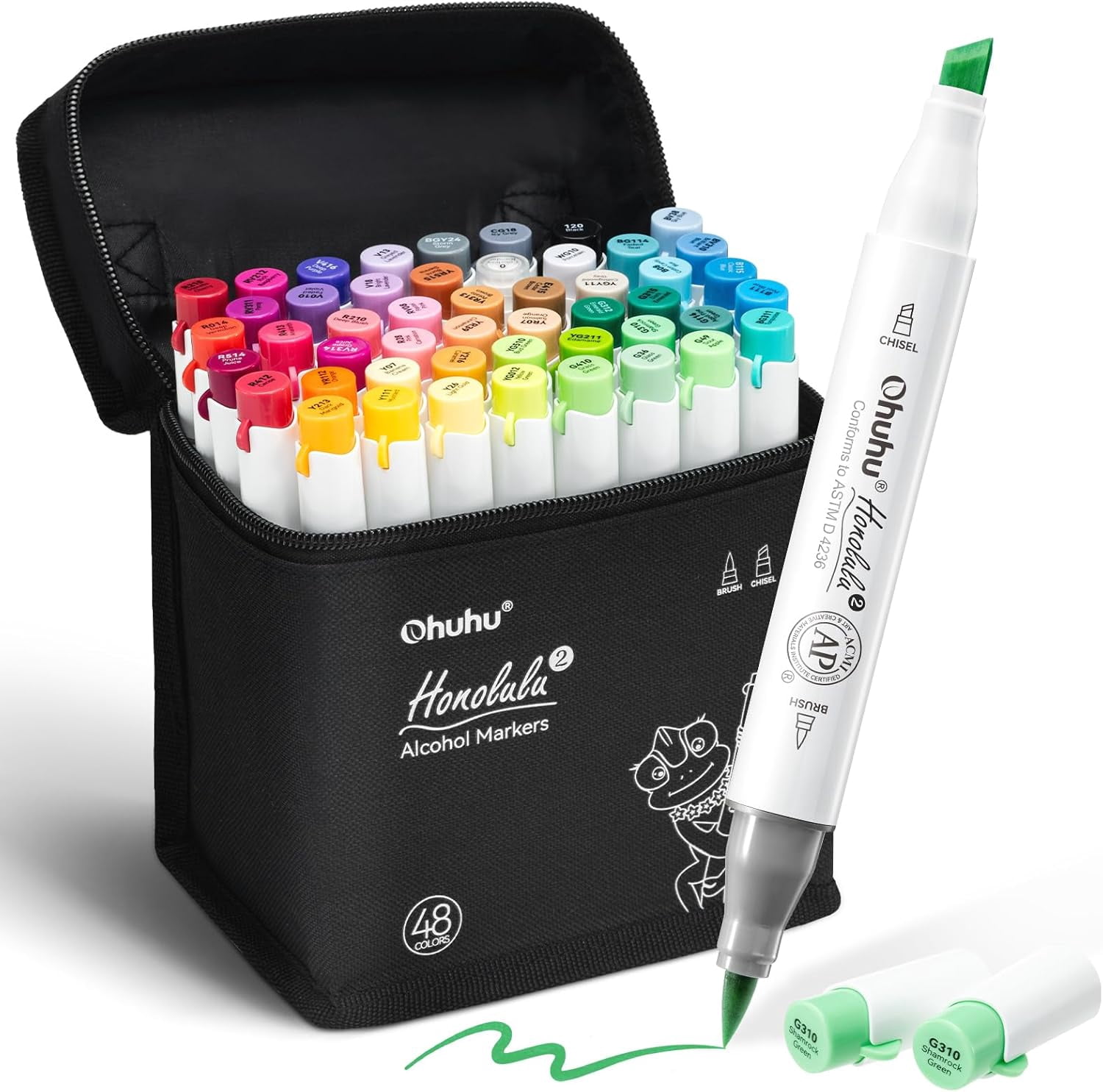 Alcohol Markers Brush and Chisel Tip: 48-Color Double Tipped Art Marker Set for Artist Adults Cozy Coloring Illustrations - Honolulu 2- Brush and Chisel Dual Tips- Refillable - AP Certificated