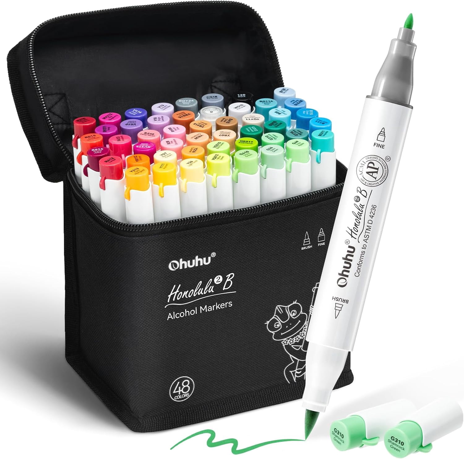 Alcohol Markers Brush and Fine Tip - 48-Color Alcohol-based Art Sketch Marker Set for Artist Adults Coloring Illustration - Brush and Fine Dual Tips- Honolulu 2B - Refillable - AP Certificated