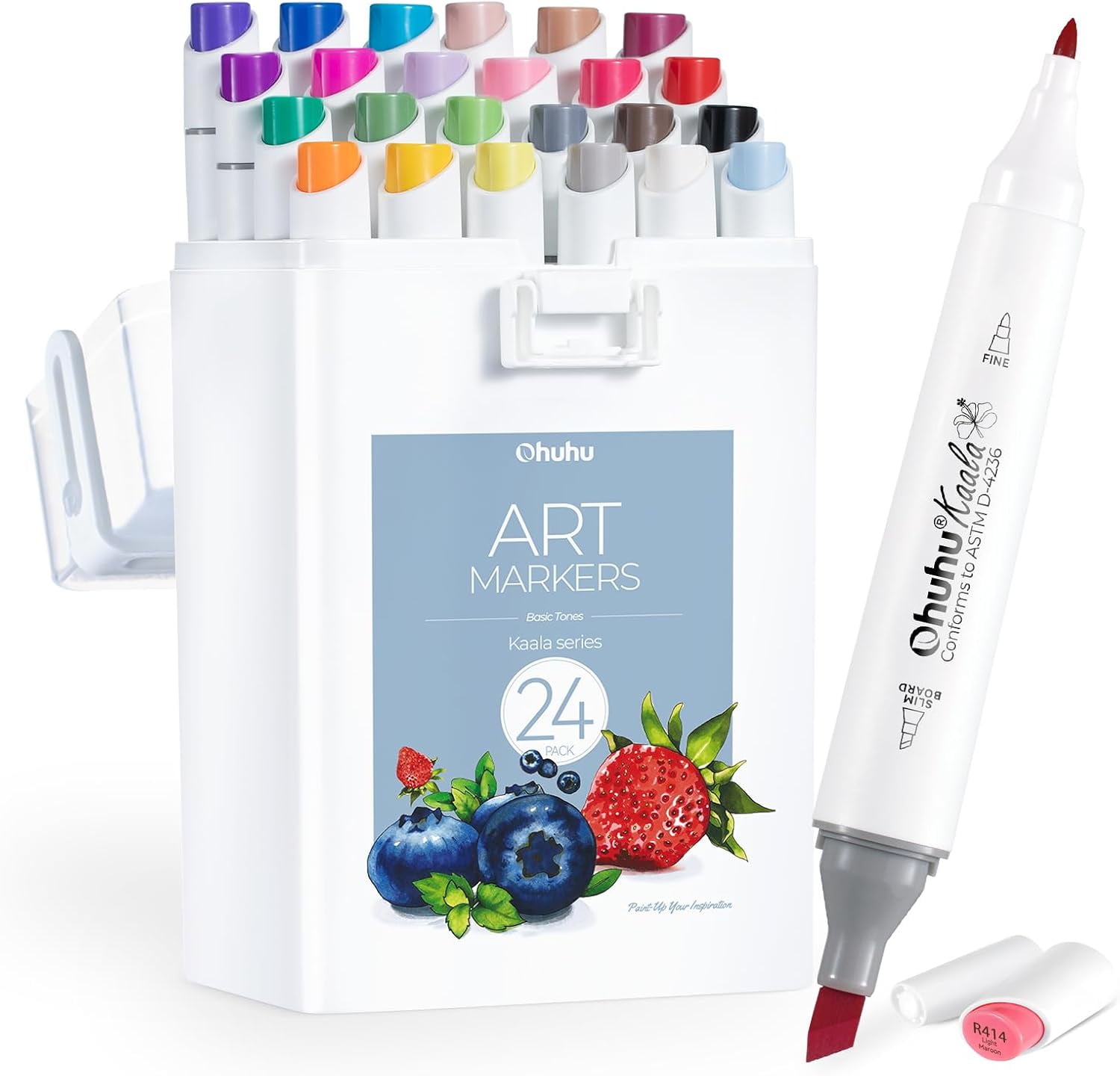 Alcohol Markers - Double Tipped Art Marker Set for Artists Adult Coloring - Alcohol-based Refillable Ink - 24 Basic Colors - Slim Broad & Fine Dual Tips - Kaala Markers Pen Gift