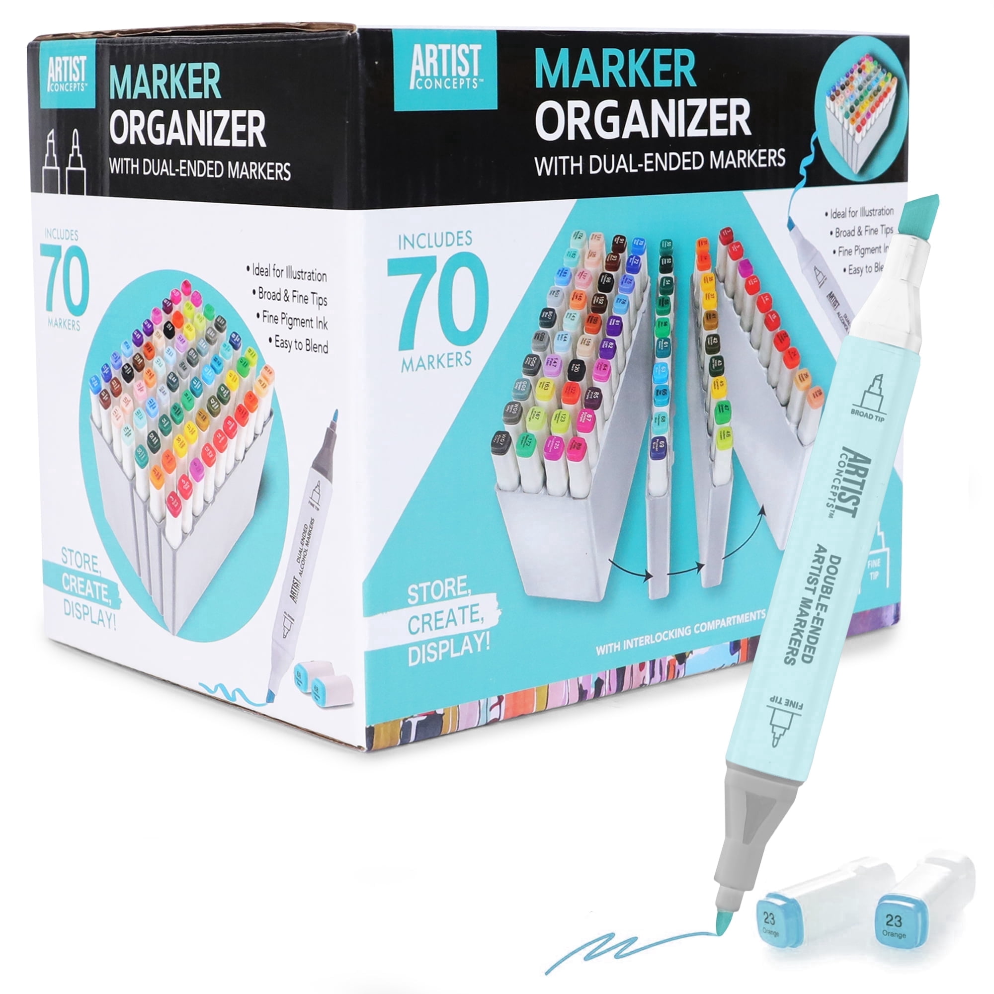Artist Concepts Interlocking Marker Organizer with 70 Multicolor Dual-Ended Alcohol Markers, White