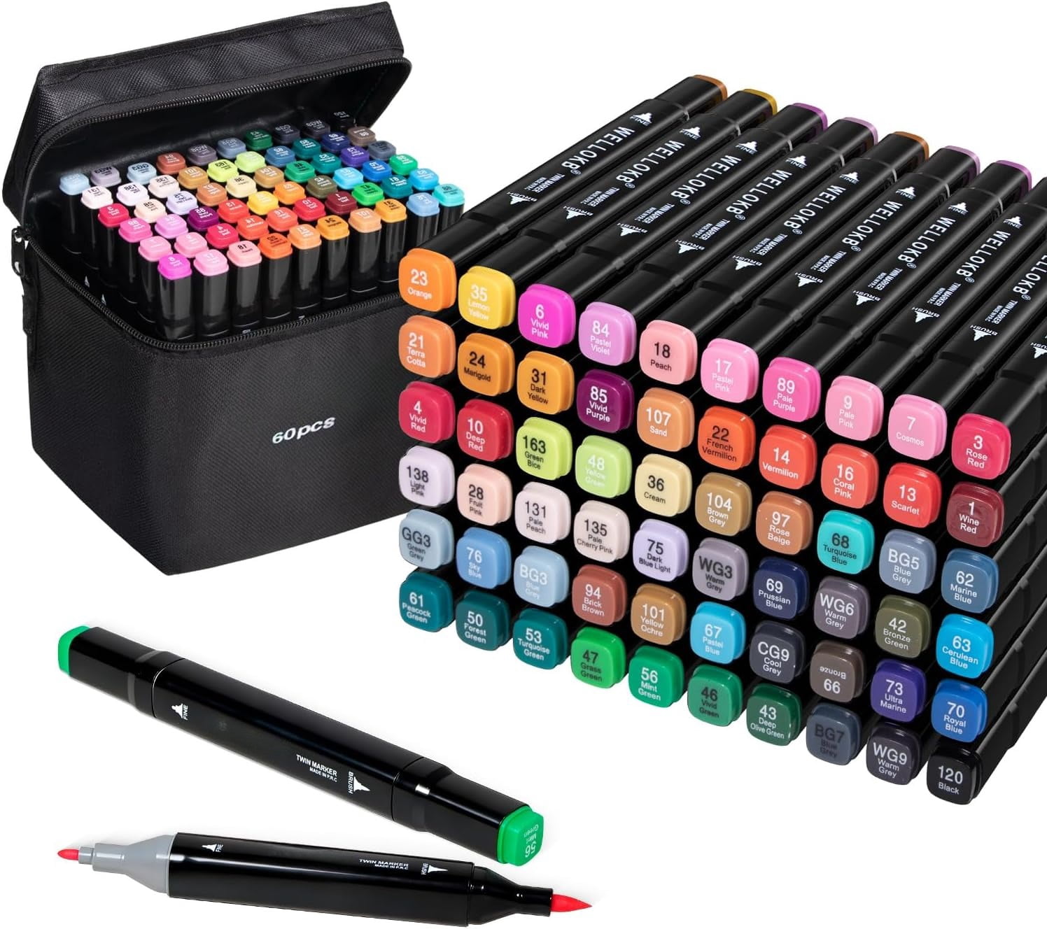 Alcohol Markers Set, 60 colors Alcohol Based Dual Tip, Broad and Brush Tip for Adult Coloring Books, Drawing, Sketching (60)