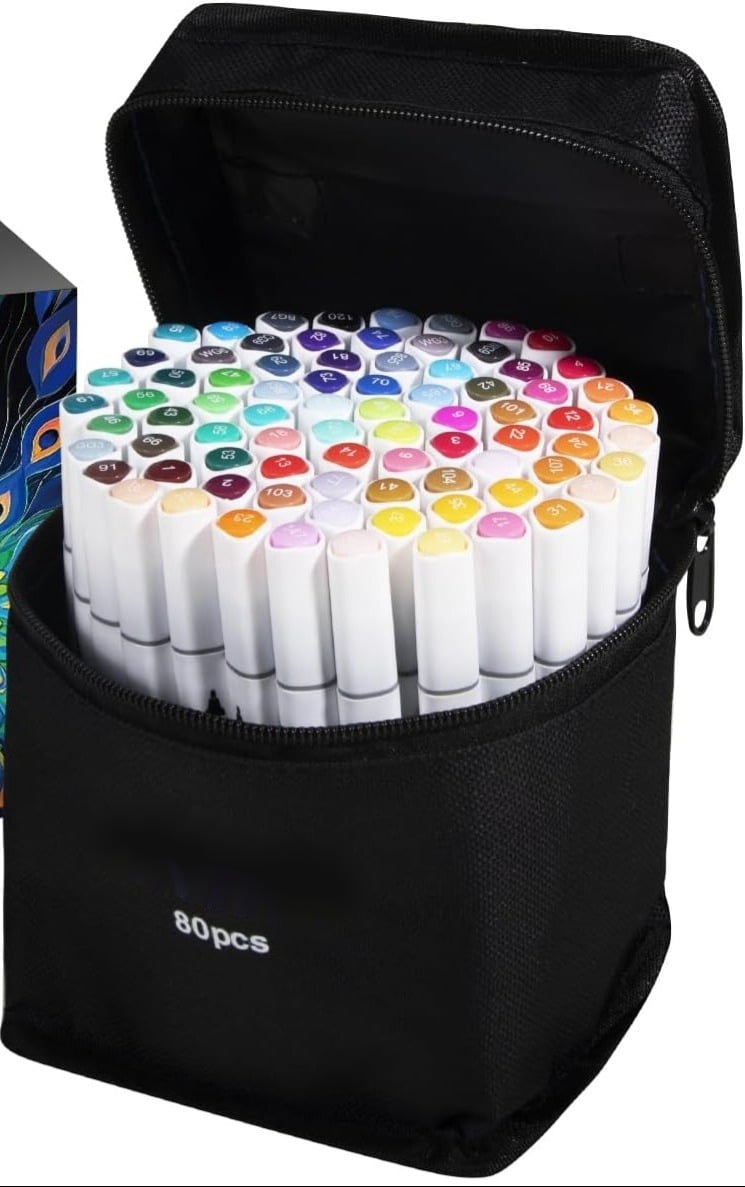 Alcohol Markers Set, 80 colors Alcohol Based Dual Tip, Brush and Fine Tip for Adult Coloring Books, Drawing, Sketching