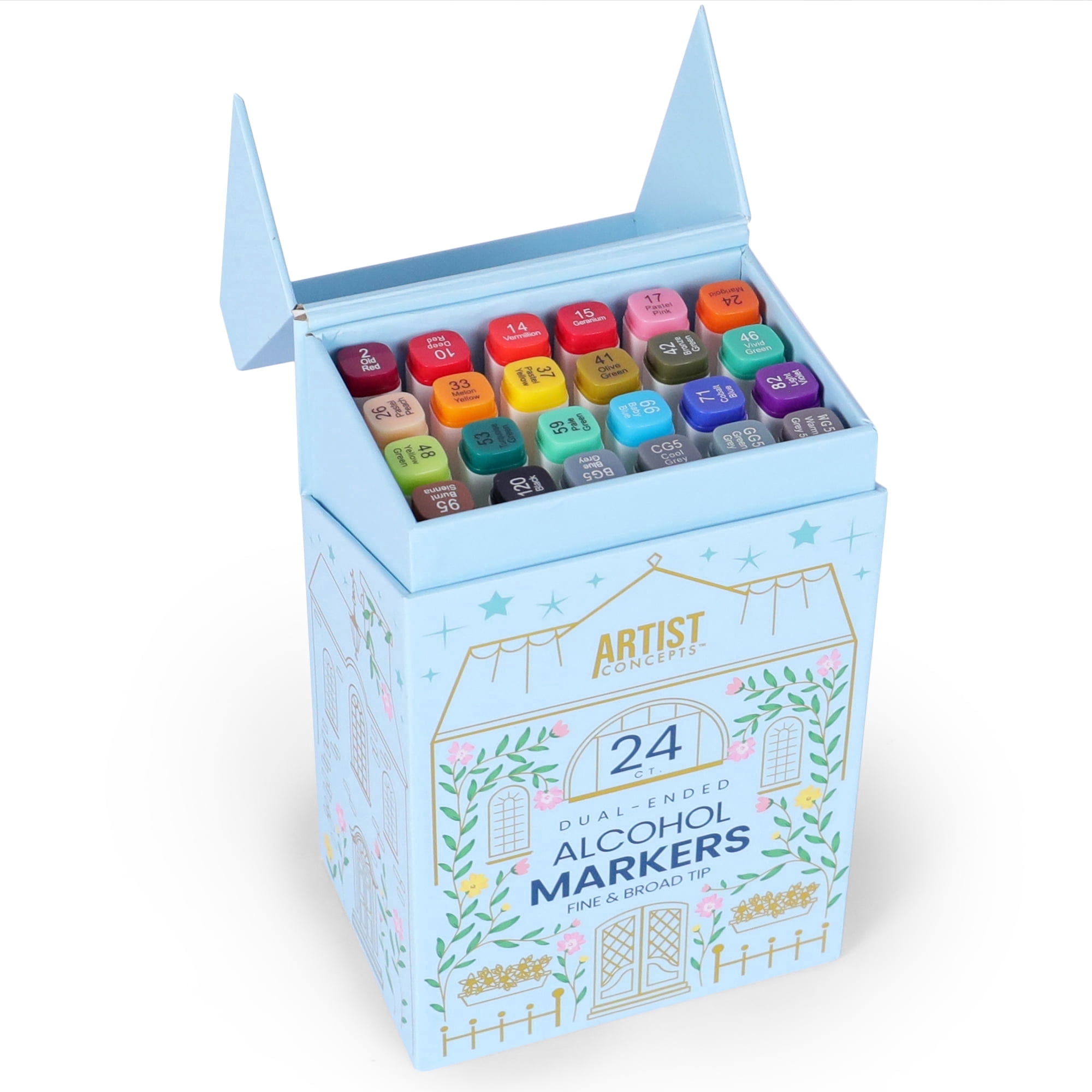 Artist Concepts Dual-Ended Alcohol Markers Set with Square Container, Fine & Chisel Tips, Multicolor, 24 Count