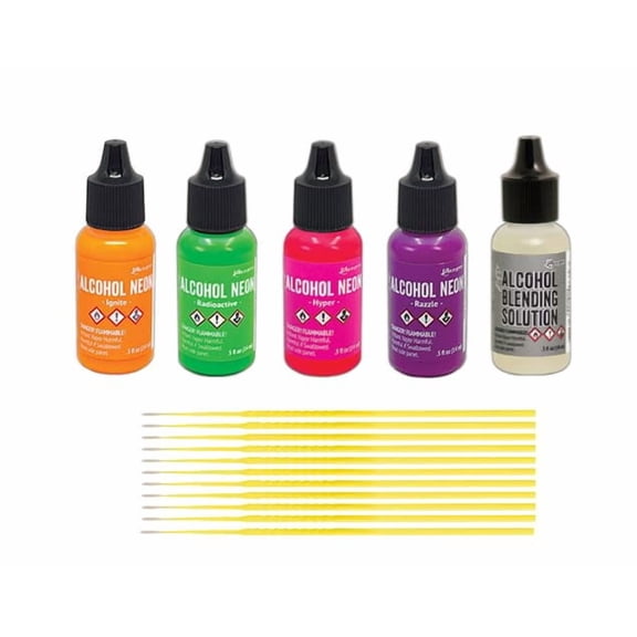 Alcohol Neons Bundle - Ranger Tim Holtz Alcohol Ink Neons with .5 oz Blending Solution and Trebbies Detail Sticks (Razzle, Hyper, Ignite, Radioactive)