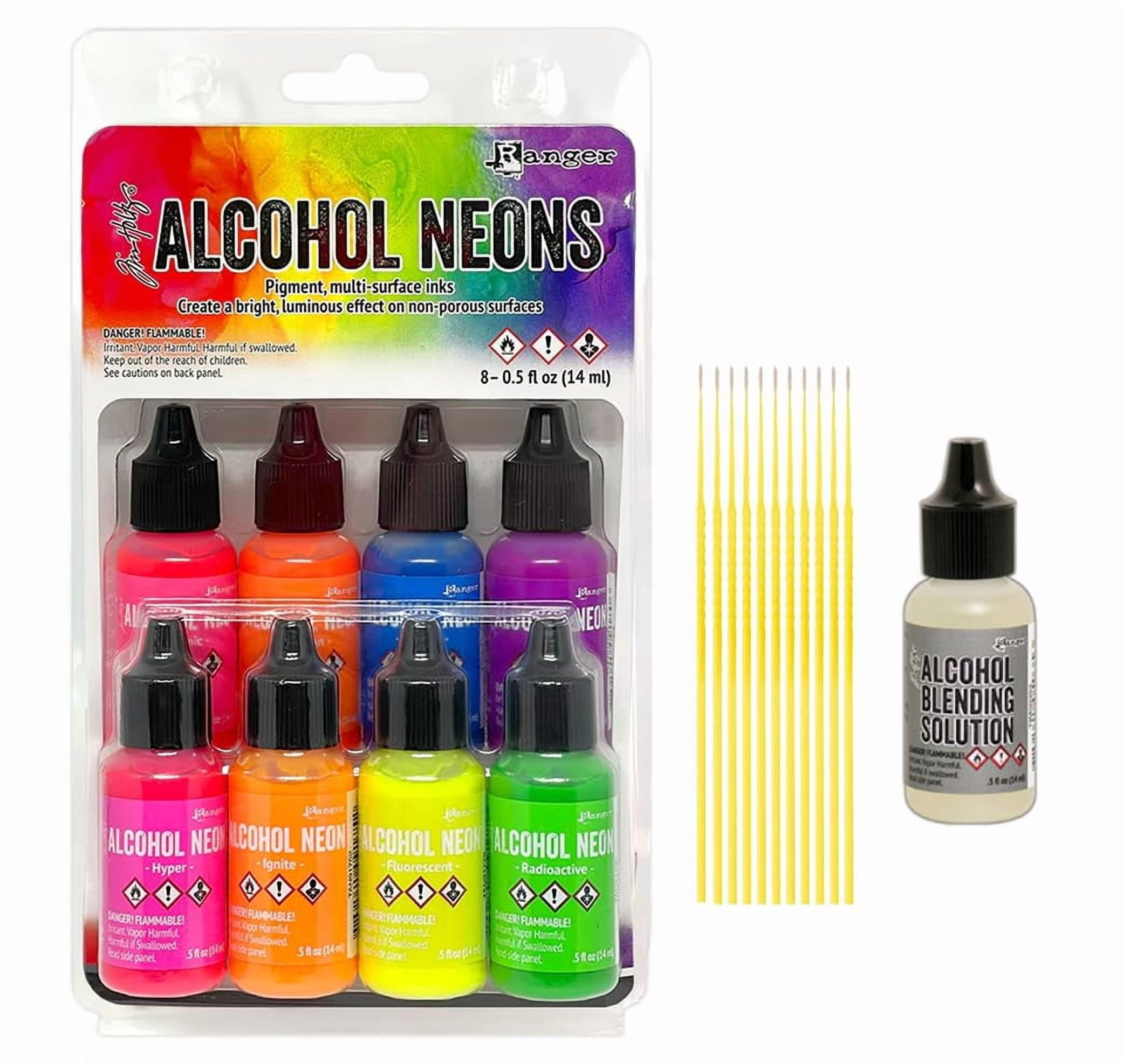 Alcohol Neons Bundle - Ranger Tim Holtz Alcohol Ink Neons 8pk with .5 oz Blending Solution and Trebbies Detail Sticks