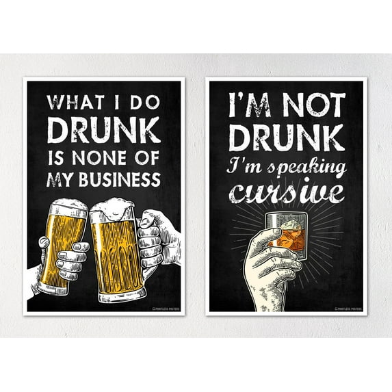 Alcohol Quotes Posters - Set of Two 12x18 Prints - Great Gift for Dorm Room Man Cave or Bar