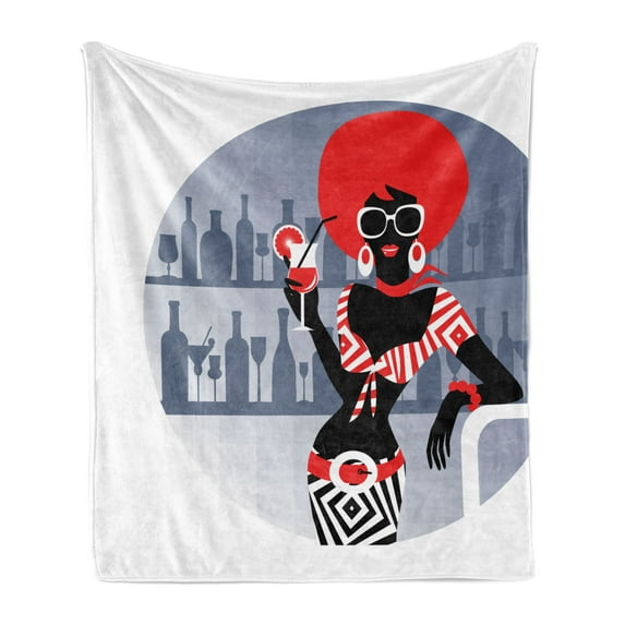 Alcohol Soft Flannel Fleece Blanket, Glamourous Retro Party Girl in Fashion Clothes at the Disco Drinking Fruit Cocktail, Cozy Plush for Indoor and Outdoor Use, 50" x 60", Multicolor, by Ambesonne