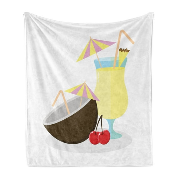Alcohol Soft Flannel Fleece Blanket, Illustration of Pina Colada Cocktail Coconut and Cherries Exotic Summer Beverages, Cozy Plush for Indoor and Outdoor Use, 50" x 60", Multicolor, by Ambesonne