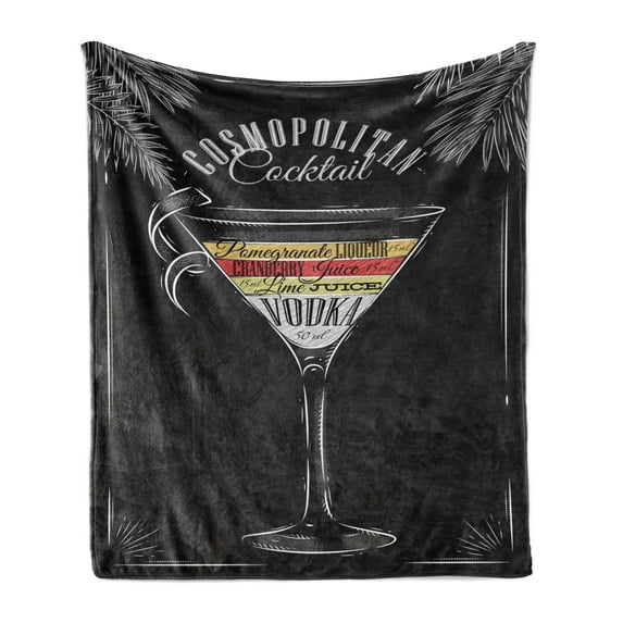 Alcohol Soft Flannel Fleece Throw Blanket, Vintage Style Cosmopolitan Cocktail and Recipe Chalk-Like Drawing Print, Cozy Plush for Indoor and Outdoor Use, 50" x 70", Multicolor, by Ambesonne