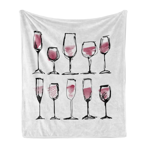 Alcohol Soft Flannel Fleece Throw Blanket, Watercolor Sketch Style Alcohol Glasses of Wine Composition Print, Cozy Plush for Indoor and Outdoor Use, 50" x 60", Dried Rose White, by Ambesonne