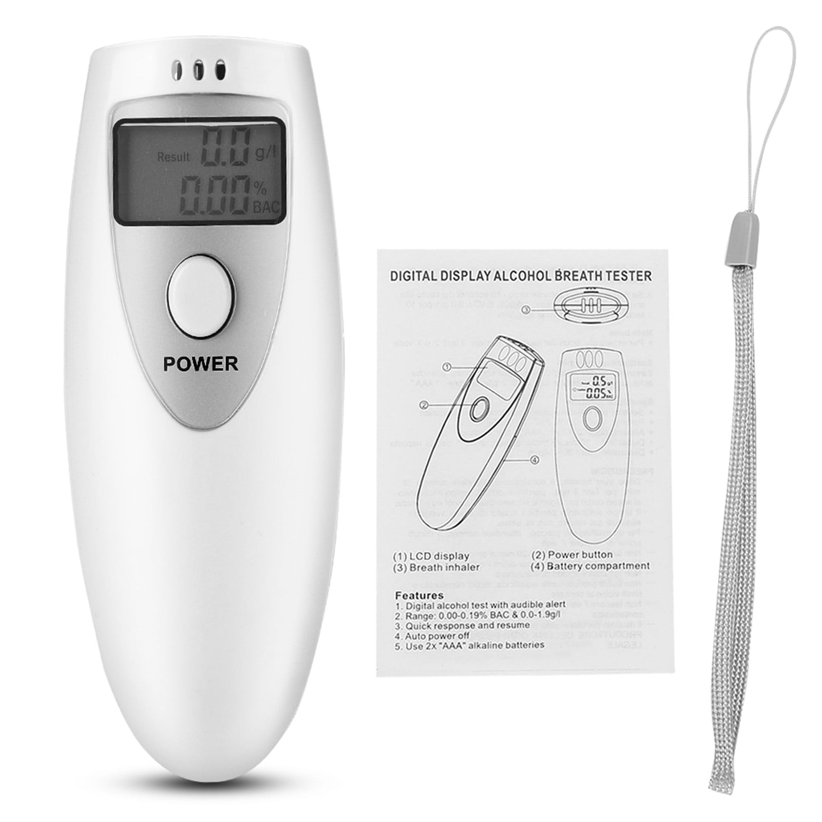 Alcohol Tester, Single Screen White Portable Breath Alcohol Tester