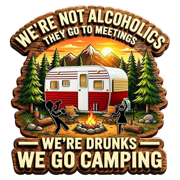 Alcoholics Anonymous, We Are Drunkards, So We Go Camping. Fun Slogan Wooden Hanging Signboard - B
