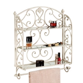 Aldabella Creamy Gold Wall Shelf Towel Bar | Glass Shelves | Scrolls | Classic Traditional Display
