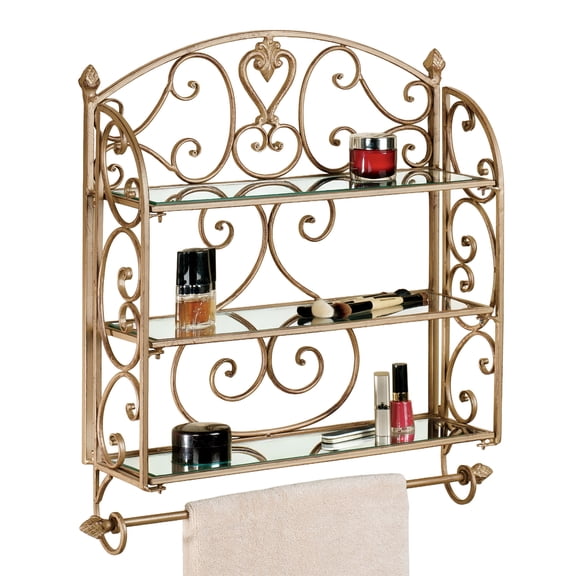 Aldabella Satin Gold Wall Shelf Towel Bar | Glass Shelves | Scrolls | Classic Traditional Display