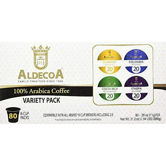 Aldecoa Variety Pack of K-Cup Coffee Pods, 80 Count (4 x 20 Costa Rica, Sumatra, Colombia, and Ethiopia K-Cups)