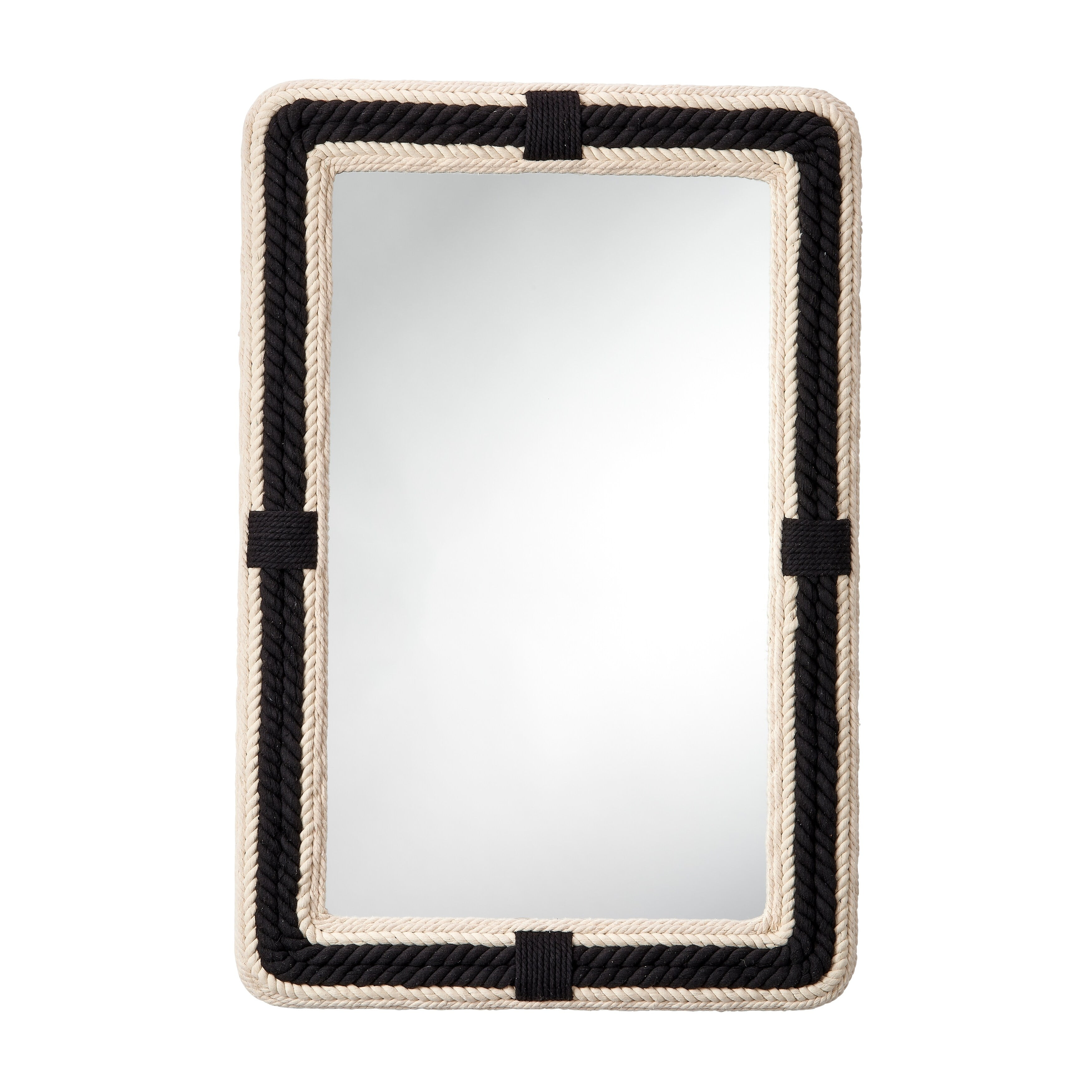 Black and Off-White Braided Jute Rectangle Wall Mirror