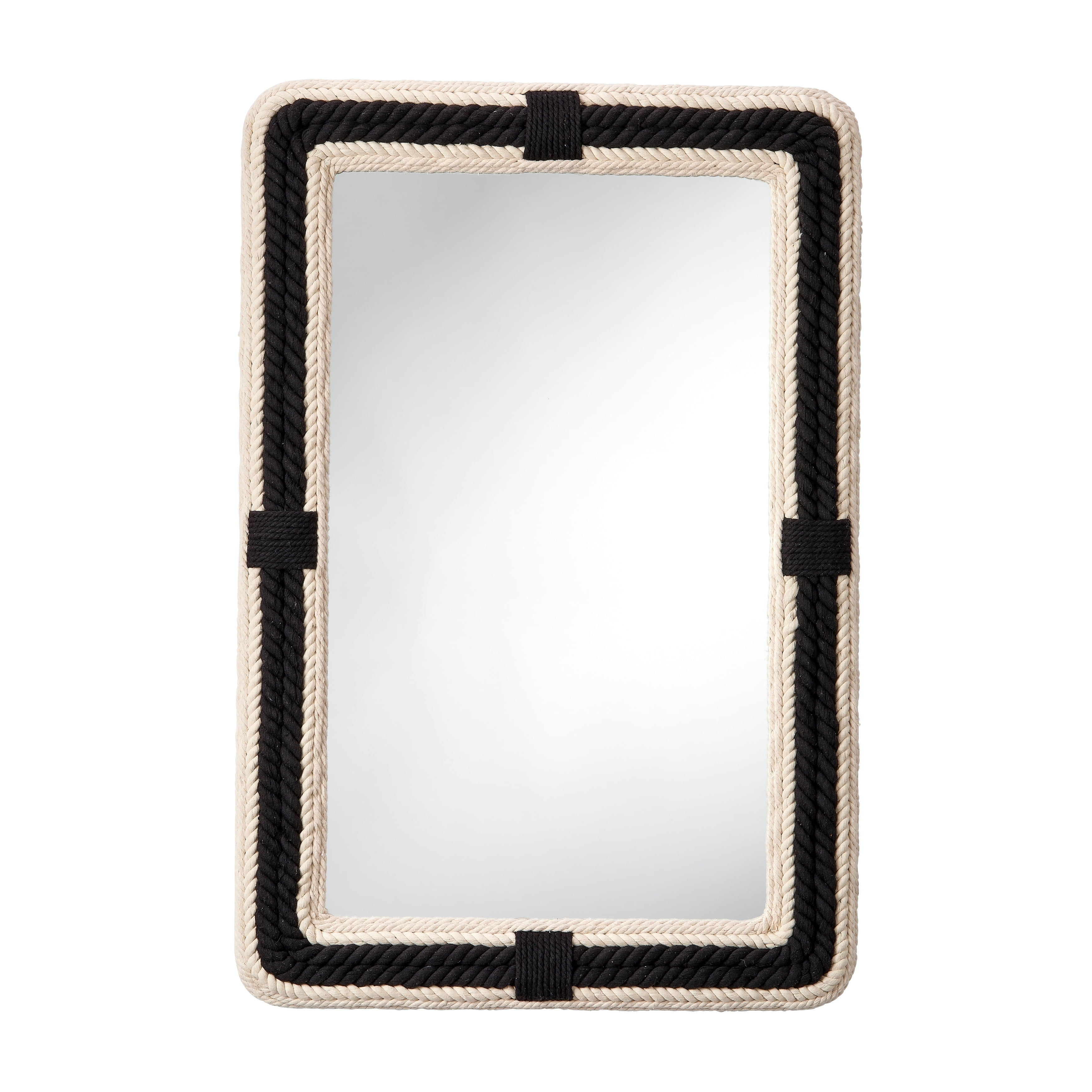 Black and Off-White Braided Jute Rectangle Wall Mirror