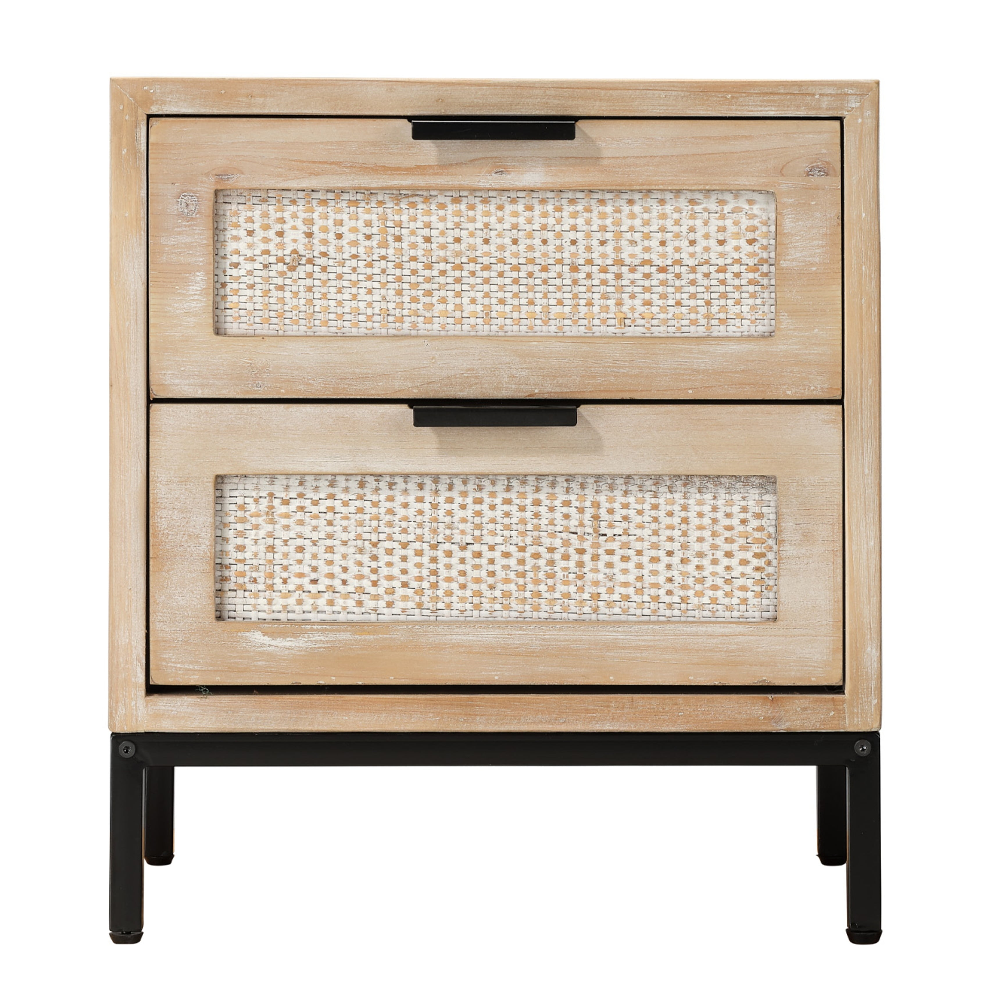 Modern Wood and Iron Side Table with Rattan Drawer Fronts