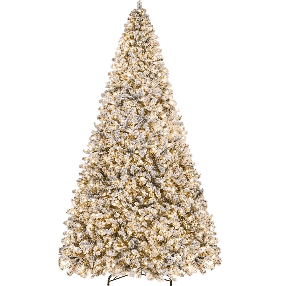 Alden Design 12Ft Pre-lit Flocked Artificial Christmas Tree with Incandescent Warm White Lights, Green