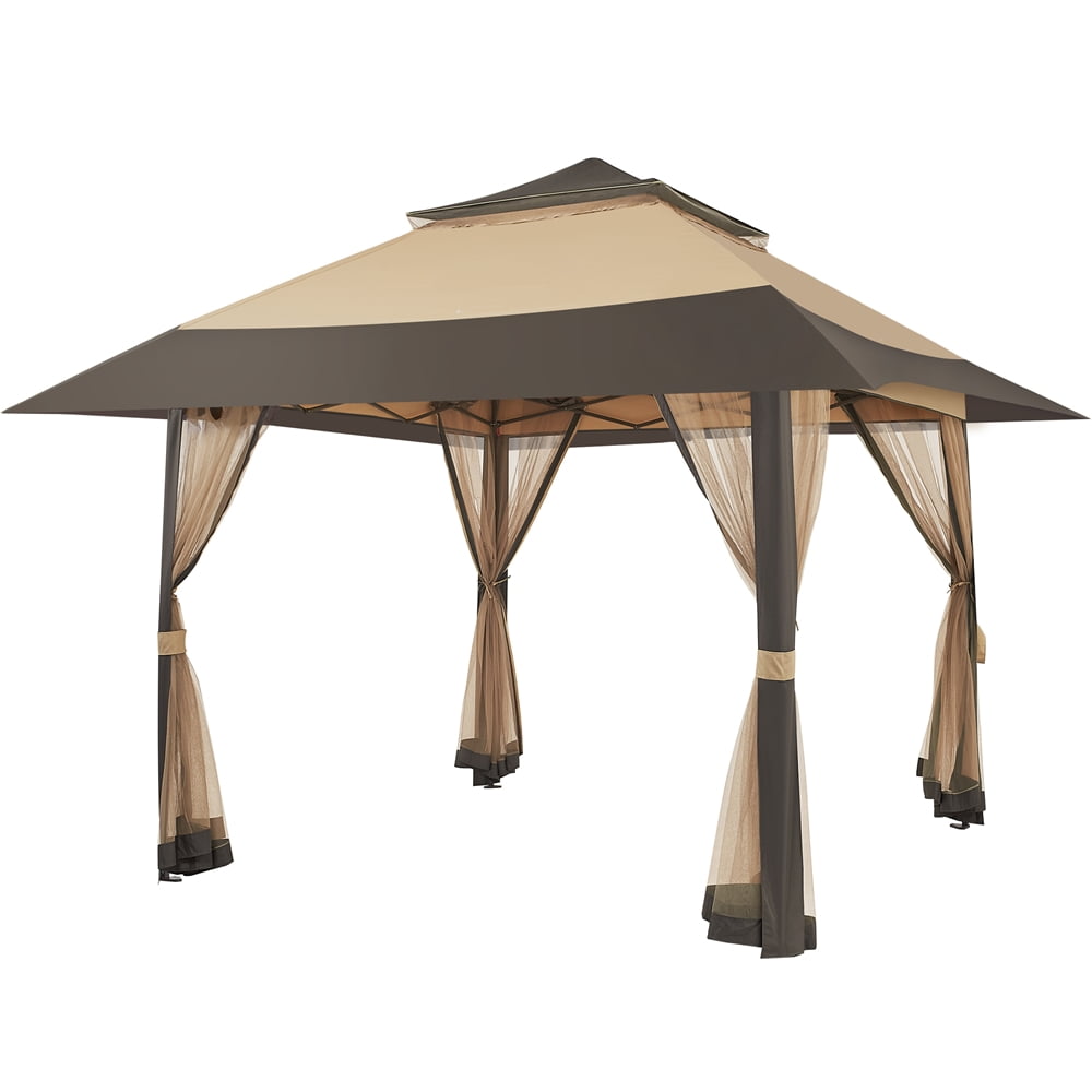 Alden Design 13 FT Pop-Up Gazebo with 4 Mesh Sidewalls & Sandbags for Outdoor, Khaki/Brown