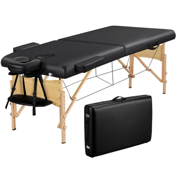 Alden Design 2-Fold Portable Massage Table with Carry Case Bag for Spa Treatments, Black