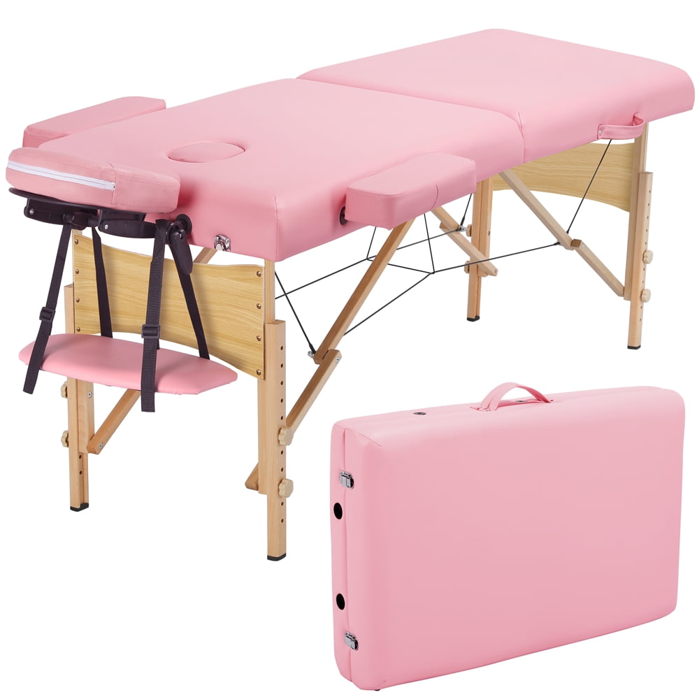 Alden Design 2-Fold Portable Wooden Massage Table for Spa Treatments & Tattoos, 84", Pink